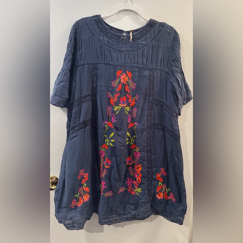 EUC Free People Blue Dress with Colorful Embroidery